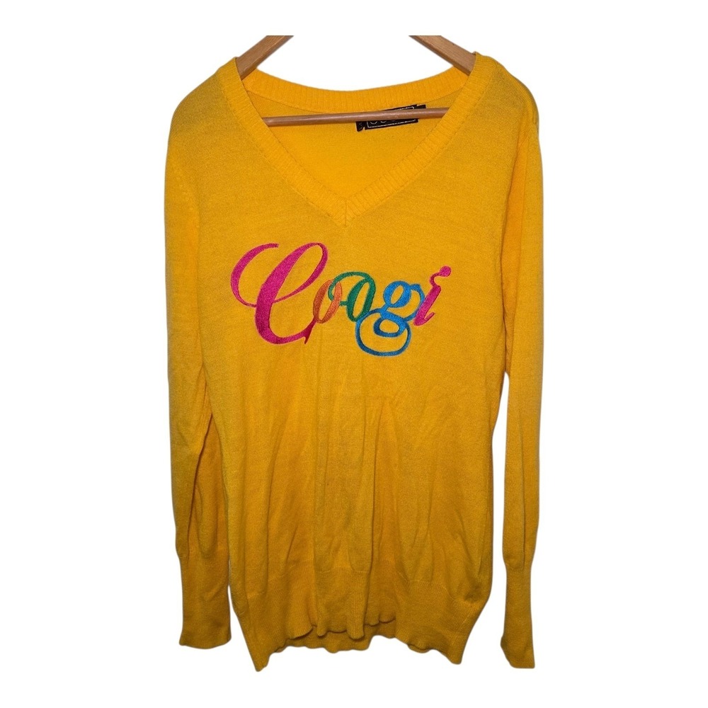 Coogi‎ Yellow V-Neck Embroidered Logo Long Sleeve Knit Sweater Women's 2X Y2K